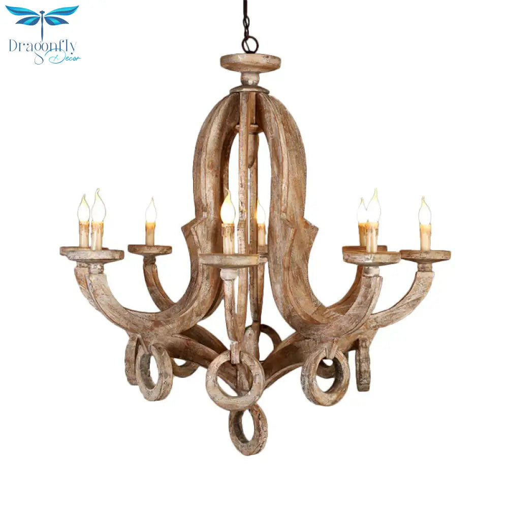 Wood Sputnik Chandelier Lamp Retro 6/8 Bulbs Brown Pendant Lighting Fixture With Adjustable Chain