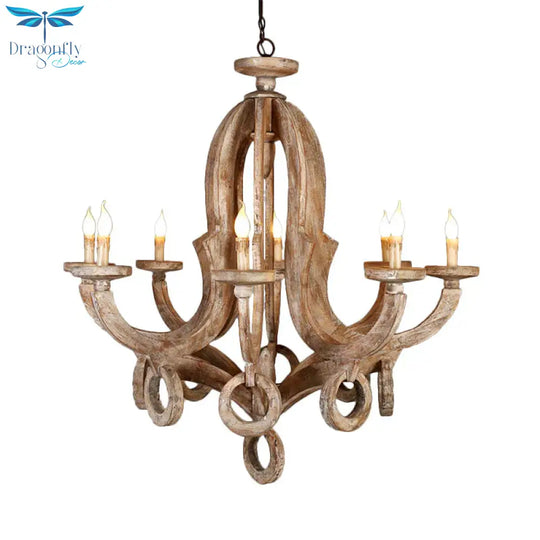 Wood Sputnik Chandelier Lamp Retro 6/8 Bulbs Brown Pendant Lighting Fixture With Adjustable Chain