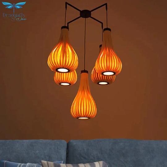 Wood Veneer Teardrop Pendant Light Asian Style 5 - Light Brown/Dark Brown Hanging Fixture For
