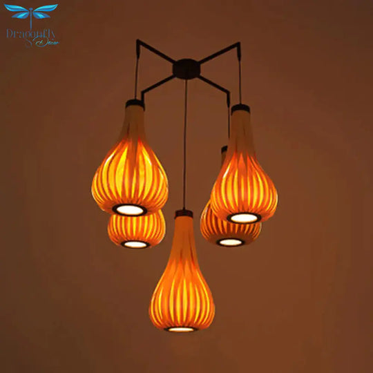 Wood Veneer Teardrop Pendant Light Asian Style 5 - Light Brown/Dark Brown Hanging Fixture For