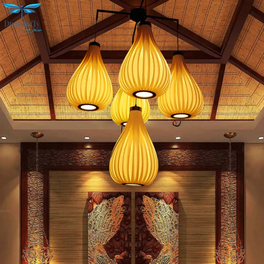 Wood Veneer Teardrop Pendant Light Asian Style 5 - Light Brown/Dark Brown Hanging Fixture For