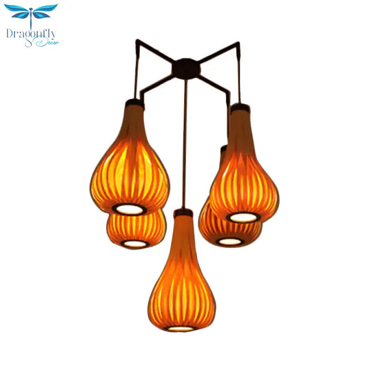 Wood Veneer Teardrop Pendant Light Asian Style 5 - Light Brown/Dark Brown Hanging Fixture For