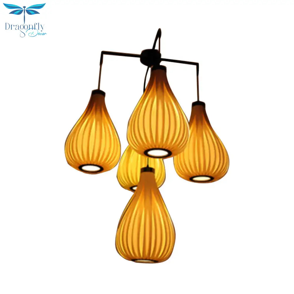 Wood Veneer Teardrop Pendant Light Asian Style 5 - Light Brown/Dark Brown Hanging Fixture For