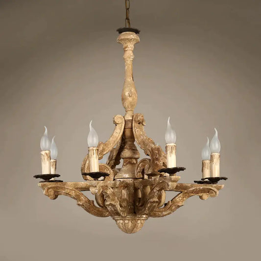 Wooden Candle Chandelier Lamp Rustic 8 - Head Restaurant Pendant Ceiling Light In Distressed White