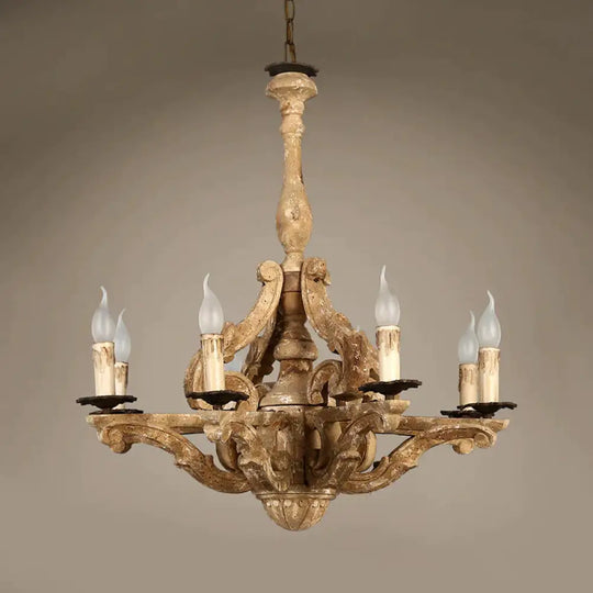 Wooden Candle Chandelier Lamp Rustic 8 - Head Restaurant Pendant Ceiling Light In Distressed White