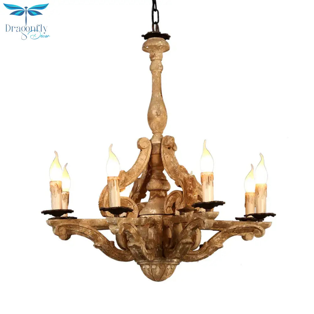 Wooden Candle Chandelier Lamp Rustic 8 - Head Restaurant Pendant Ceiling Light In Distressed White