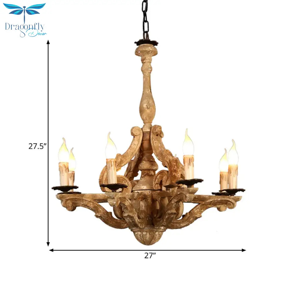 Wooden Candle Chandelier Lamp Rustic 8 - Head Restaurant Pendant Ceiling Light In Distressed White