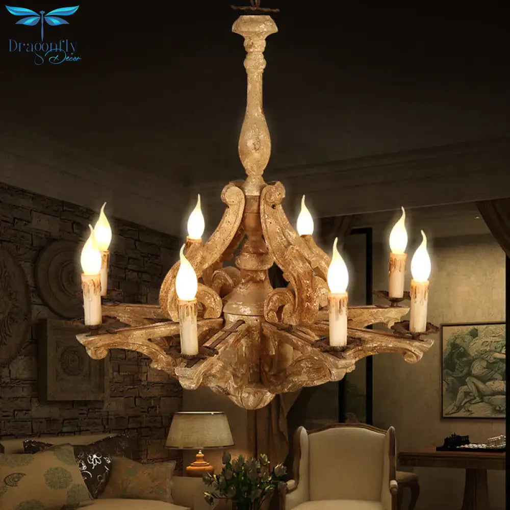 Wooden Candle Chandelier Lamp Rustic 8 - Head Restaurant Pendant Ceiling Light In Distressed White