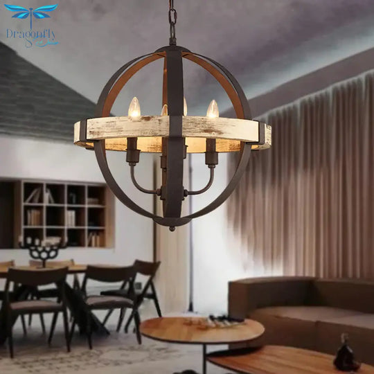 Wooden Global Chandelier Lamp Rural 4 - Head Living Room Pendant Ceiling Light In Brown