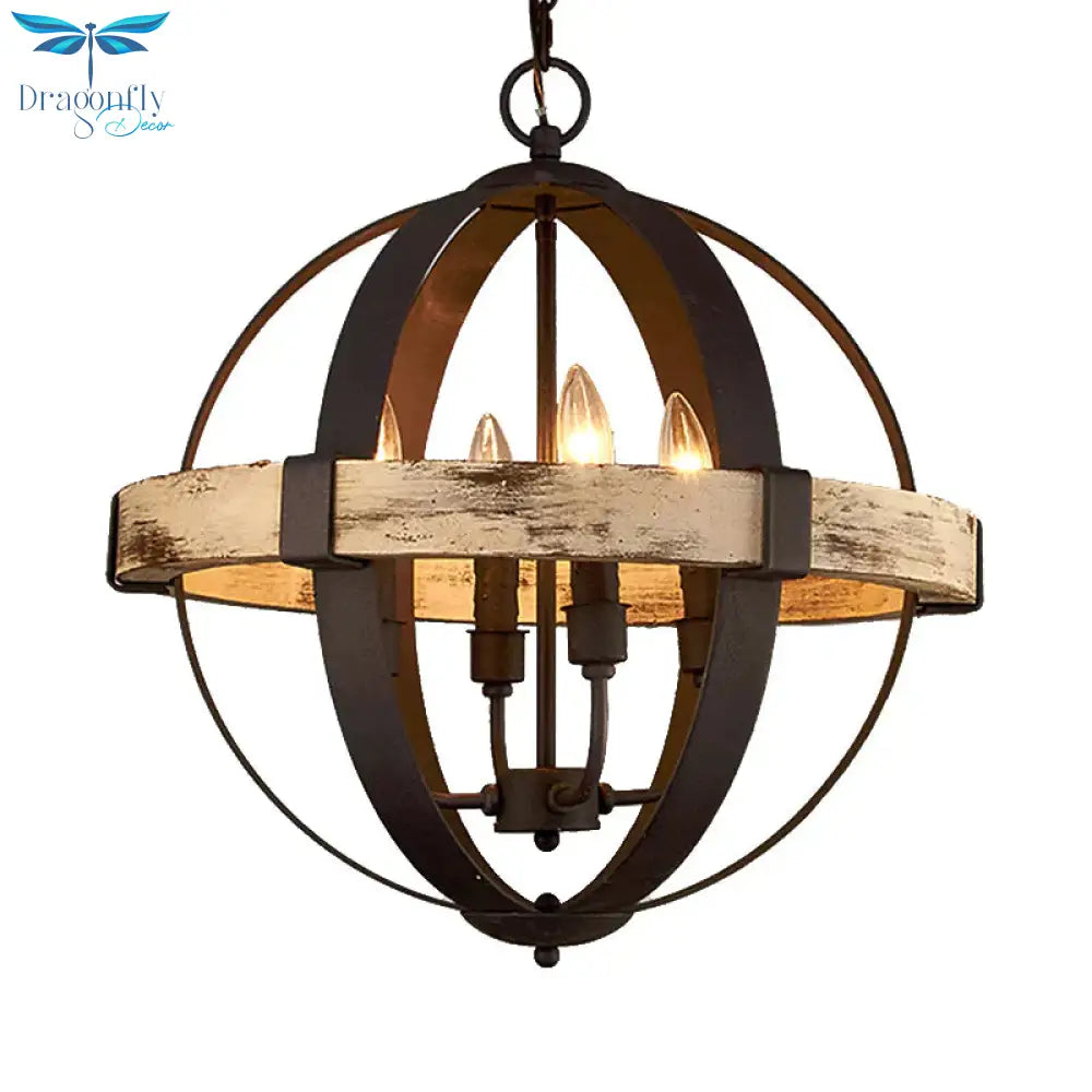 Wooden Global Chandelier Lamp Rural 4 - Head Living Room Pendant Ceiling Light In Brown