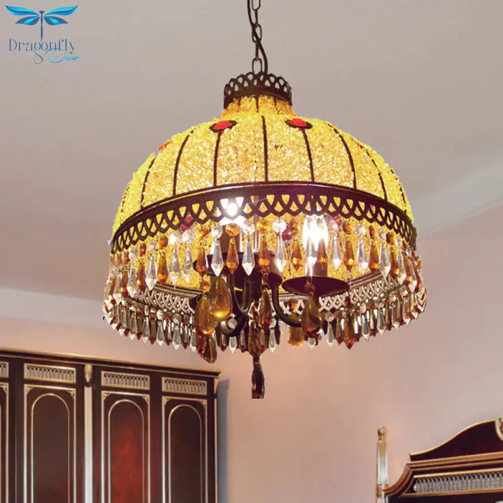 Yellow 3 Lights Hanging Chandelier Southeast Asian Style Crystal Drop Dome Ceiling Light