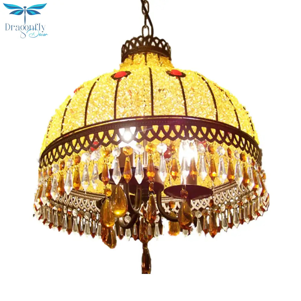Yellow 3 Lights Hanging Chandelier Southeast Asian Style Crystal Drop Dome Ceiling Light