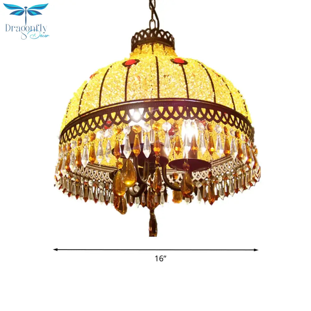 Yellow 3 Lights Hanging Chandelier Southeast Asian Style Crystal Drop Dome Ceiling Light