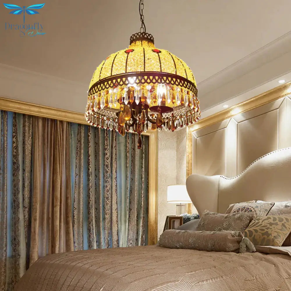 Yellow 3 Lights Hanging Chandelier Southeast Asian Style Crystal Drop Dome Ceiling Light