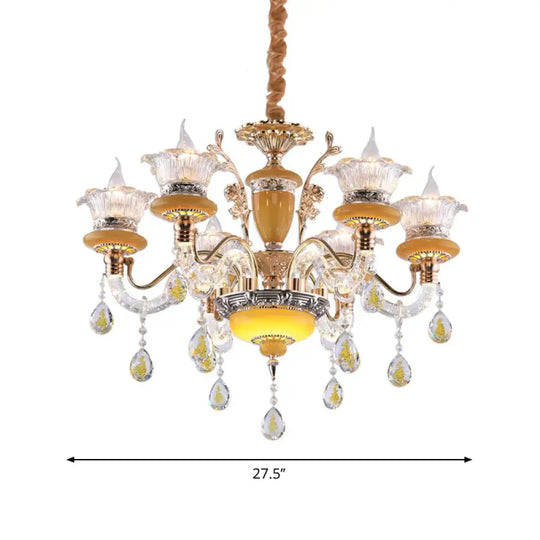 Yellow Candle Chandelier Traditional Crystal Drops 6 Heads Dinning Hall Ceiling Suspension Lamp