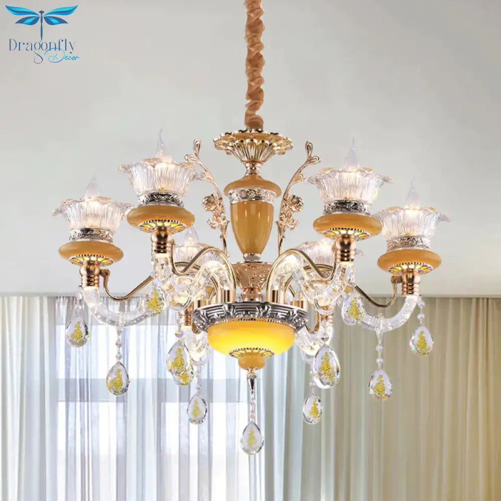 Yellow Candle Chandelier Traditional Crystal Drops 6 Heads Dinning Hall Ceiling Suspension Lamp