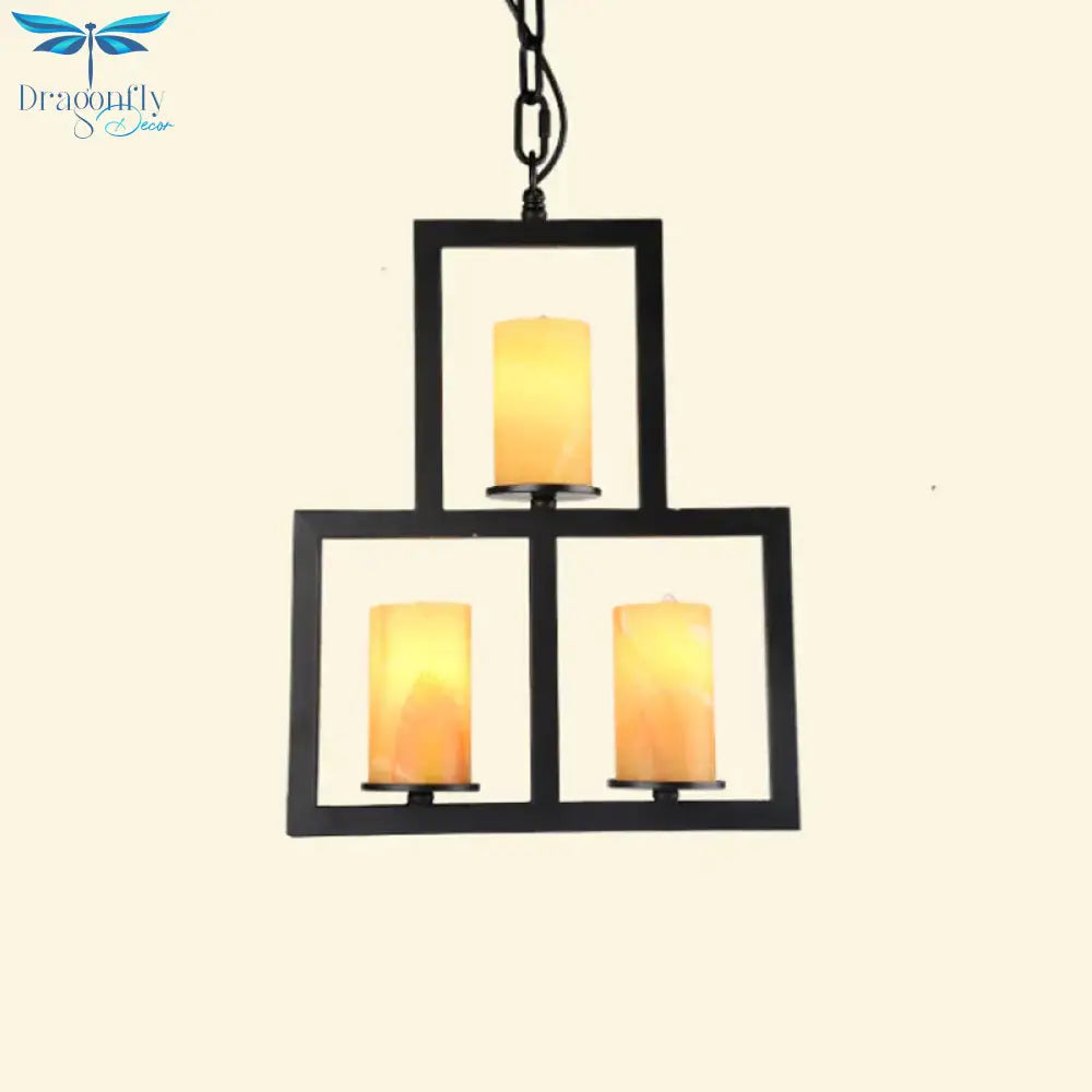 Yellow Dolomite Black Finish Chandelier Lamp Cylinder 3 - Light Country Hanging Lighting With 3 -